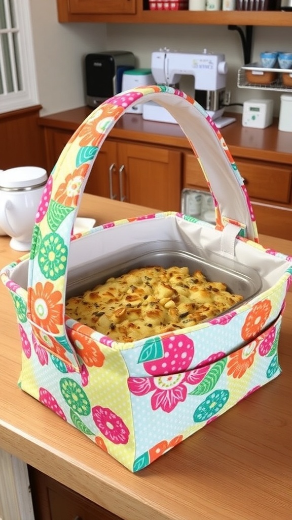 A colorful casserole carrier with handles, holding a casserole dish, set in a kitchen environment.